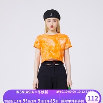 INSNLASIA original retro dragon pattern tie-dye navel short-sleeved tide brand womens short T-shirt summer