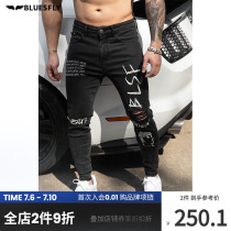 BLUESFLY Tide Card Fitness Jeans Male breaking hole Deep squatting elastic tight fit small foot breathable muscle training long pants
