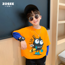 Left West childrens clothing boy long sleeve T-shirt 2021 New middle child fake two cotton cartoon base autumn coat