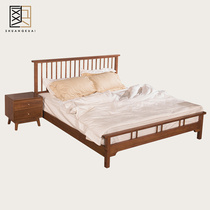 Refreshing golden silk pear wood double bed Nordic modern minimalist 1 8 meters big bed bedroom walnut color 1 8 meters solid wood bed