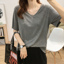 Net red summer New Ice Silk Loose thin V collar solid color cotton short sleeve t-shirt women thin base shirt coat tide
