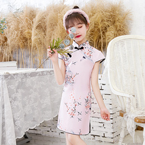 2021 new summer girls cheongsam pastoral print dress Chinese style hanfu slim short sleeve children cheongsam