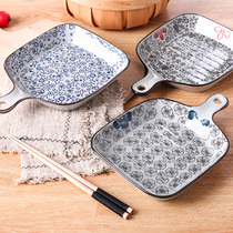 Baking tray Oven ceramic household rectangular barbecue plate Creative handle baked rice plate Western plate Microwave tableware
