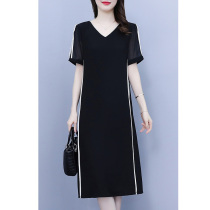 Fat Sister Big Code Womens Dress Summer V Collar Snowspun Splicing Minus School Belted Dress Superior Knee-length Dresses