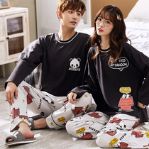 New couple pajamas cotton long sleeve thin womens suit spring and autumn Black trend mens home clothes autumn