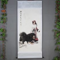 New Chinese-style mounting painting in the hall painting celebrity hanging Chinese painting rural lobby decoration painting black dog girl holding hair