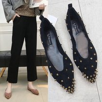 2021 spring new net red womens shoes shallow pointed suede soft sole shoes Korean rivet chic Joker flat shoes