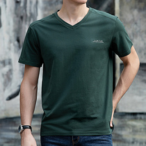 Summer V collar short sleeve T-shirt men pure cotton pure colour chicken heart collar loose casual sports body shirt man 2021 new