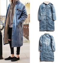 Winter High Street European and American long wool inner denim jacket long jacket plus velvet thickened warm cotton coat men and women tide
