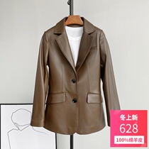 High-end European goods 2021 spring new Haining sheep leather leather leather long Korean jacket Blazer Blazer women