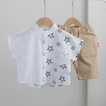 Childrens shirt short sleeve boys shirt baby baby personality white summer tide thin cotton stand neck top
