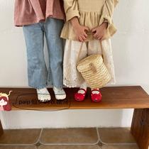 2021 New apricot color spring and autumn childrens wear bubble sleeve solid color top long sleeve lace wide leg pants cotton linen trousers Culottes