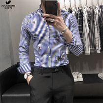 Rich and bird embroidered plaid shirt mens spring and autumn long sleeves Fashion Han version shirt with a handsome hairstylist Male Fashion