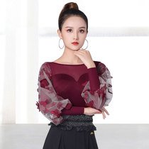 Dan Bo Luo Siamese thin one-word collar belly fashionable coat womens new long sleeve national standard dance Latin dance T-shirt