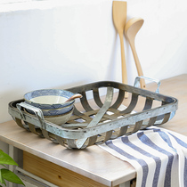 Retro Bamboo Weave Attach Handle Containing Basket American Galvanized Iron Art Containing Basket Hollowed-out Fruit Vegetable Lifting Basket