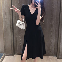 South Korean womens dress 2021 Summer new Hepburn Wind V collar dress Women in dress Girl with open fork Fat MM Sexy little black dress