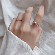 Minimalist 1-character small ball ring two-piece set of whole body 925 silver Korean version of opening ring plain silver Joker ring girl