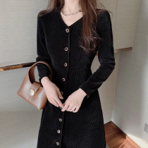 Spring and Autumn Hepburn style French niche waist slim vback slim vneck corduroy a-shaped dress female base small black skirt