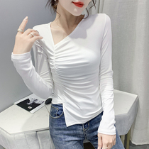Sexy Slanted V Collar T-shirt Woman Long Sleeve Autumn Winter European Station Fashion Foreign Air Irregular Blouses Tight Fit Neatshirt Bottom Shirt