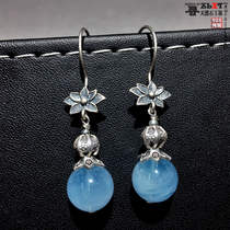 (Original hand-made) pure natural sea blue treasure half ice imported Chiang Mai imported handmade silver earrings exclusive