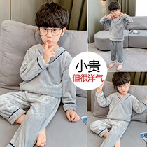 Ocnltie Fashion Flannel Children Sleepwear Male Baby Foreign Air Autumn Winter Thickened Coral Suede Home Suit Suit