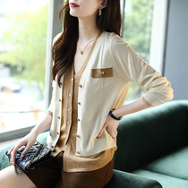 Baoshi Li nazhu shiny shirt fake two pieces stitching knitted cardigan coat womens 2021 long sleeve sweater new autumn