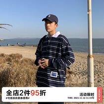 OFFBORD Japanese vintage POLO collar striped T-shirt mens Tide brand casual long sleeve loose boys T-shirt