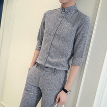 Summer seven-point sleeve shirt suit mens casual trend handsome Korean slim British thin trousers two-piece suit