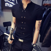 Summer new short-sleeved T-shirt men Chinese style buckle V-collar slim fashion brand trend cotton casual half-sleeve shirt men
