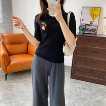 Linen knitted ten thousand needle embroidery niche fine design small apple embroidery polo collar thin pit strip five-point sleeves