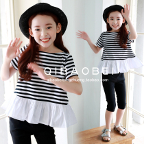 Korean version of childrens clothing girls cotton striped T-shirt shirt Summer Girl Big Boy Lotus loose breathable short sleeve t-shirt