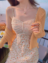 Sweet and French style one-piece dress 2021 Summer conspicuic long dress with gentle temperament Superfairy seaside holiday crushed flower hanging band dress