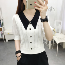 Short-sleeved T-shirt womens summer 2021 New V-neck hollow ice silk knit jersey Joker short white top