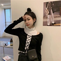 Single Piece Suit Female Chaohan Wind Chic Thin High Collar Design Sense Strap Long Sleeves Two Sleeves T-shirt