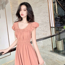 South Korea 2020 summer new small fresh bellflower first love sweet long skirt large size waist thin square collar dress