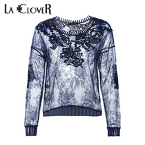 LACLOVER Lankavin lace outer wear series hollow flower surface womens round neck long sleeve top LC81FA1