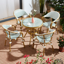 Outdoor white rattan chair Balcony garden woven rattan leisure dining chair combination Outdoor cafe milk tea shop table and chair