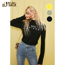 Leprechaun pocket half high collar printing inside tie t-shirt 2021 autumn new womens base shirt black long-sleeved top