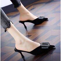 19 spring and summer new pointed toe stiletto high heels Baotou slippers European and American mid-heel temperament rhinestone outer wear fashion womens shoes