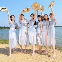 Medium and long shoulder thin bridesmaid dress fairy temperament sister Group female evening dress dress 2021 new summer]