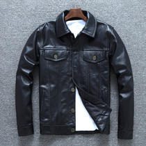 Henning genuine leather leather clothing mens head layer of cow leather with short section Japan-ROK locomotive leather jacket spring denim jacket tide