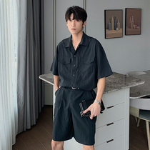 Hualun summer cargo shirt jumpsuit mens trend five-quarter sleeve loose fashion casual suit mens top