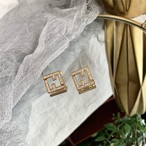 Left ear) square F earrings star with classic rhinestone micro-inlaid zircon earrings simple Joker INS tide