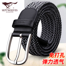 Seven Wolves Men Leather Strap Needle Buckle Elastic Canvas Woven Belt Tide Casual Young Man Tightness Young Mens Pants Strap