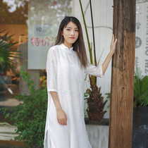21 autumn new silk and hemp literary and art five-point sleeve embroidery dress pullover stand collar Zen tea Hanfu dress