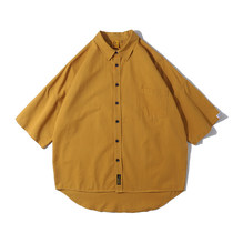  Mr Tang original summer mens shirt lapel cardigan solid color simple loose retro tooling casual short-sleeved