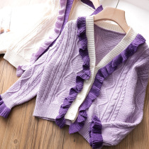 Princess wind girls cotton cardigan autumn new baby sweet wooden ear knitwear childrens sweater 2021 Korean