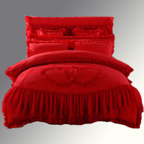 New Products Wedding Celebration Grand Red Korean Version Thickened Clip Cotton Lace Bed Hood Bed Skirt 1 1 5 m 1 8m2m Four Sets