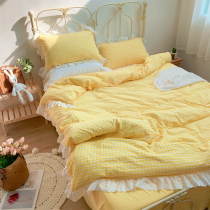 ins lemon bright yellow plaid full cotton four pieces of pure cotton washed cotton small fresh lace lace quilt cover girls heart