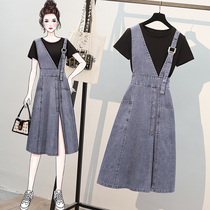 High-end size womens clothing 2021 summer new foreign style denim strap dress fat sister slim two-piece